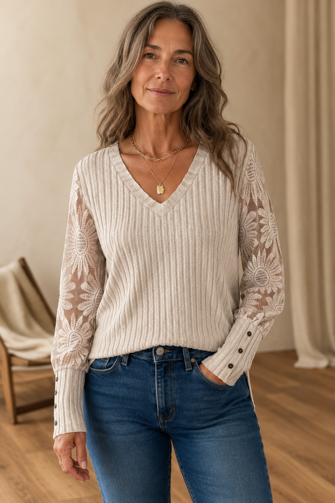Phyllis | Mesh Panel Long Sleeve Knit Top editorial product photograph