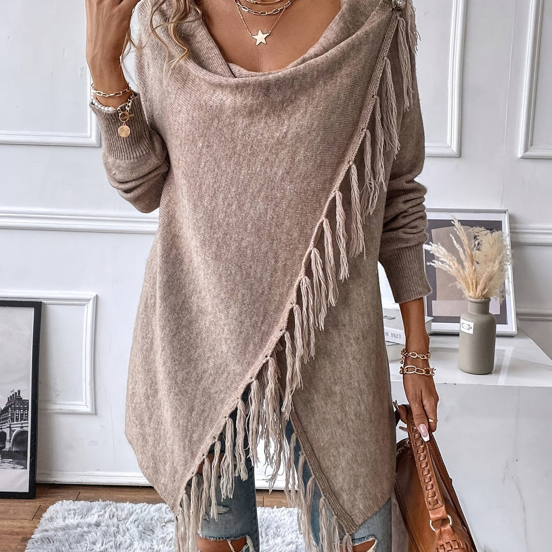 Norma | Draped Neck Fringe Trim Wrap Sweater