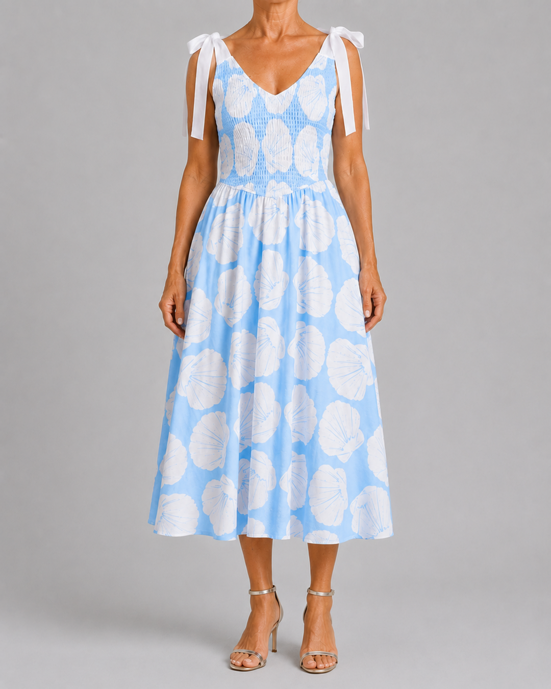 Brynn | Shell Print Shoulder Tie Midi Dress