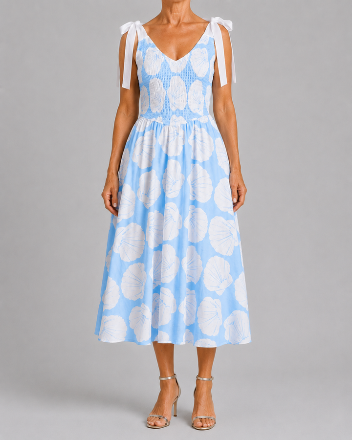 Brynn | Shell Print Shoulder Tie Midi Dress