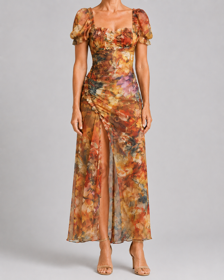 Irene | Ruffled Sleeve Ruched Slit Midi Dress