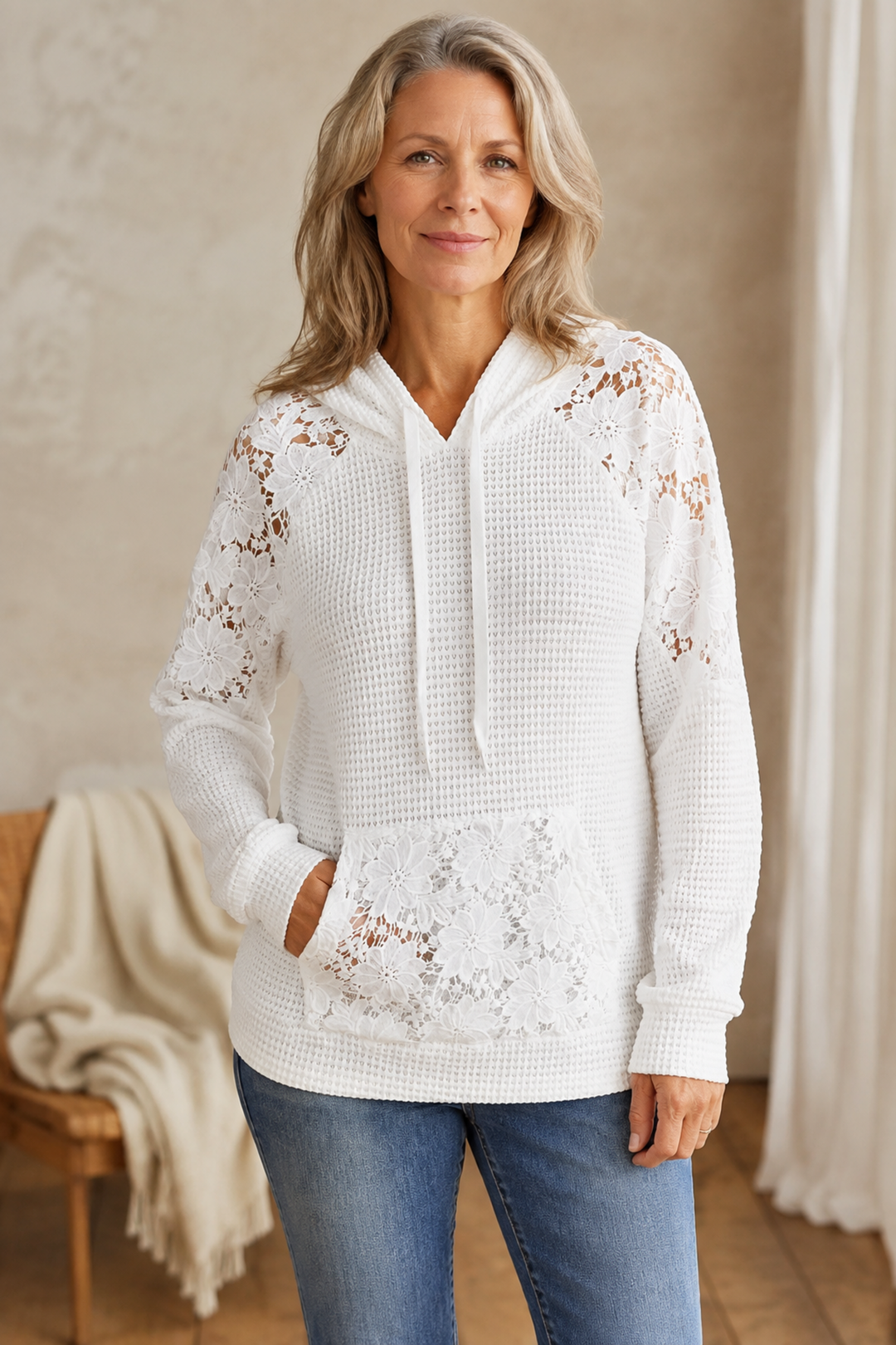 Barbara | Lace Trim Raglan Hoodie editorial product photograph