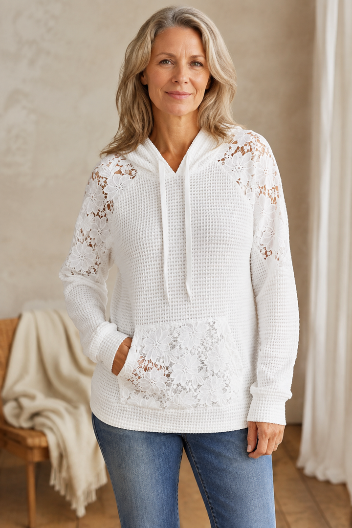 Barbara | Lace Trim Raglan Hoodie editorial product photograph