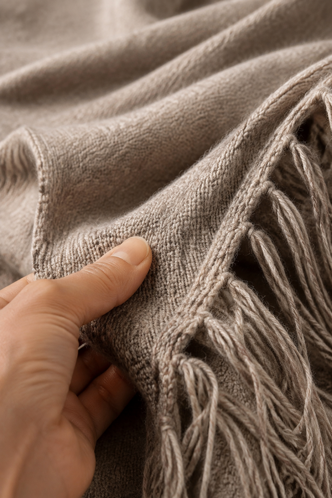 Norma | Draped Neck Fringe Trim Wrap Sweater fabric texture close-up