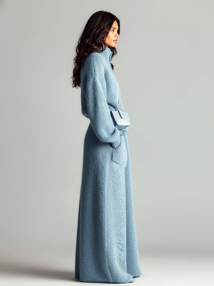 Sarah Chic Elegant Blue Stand Collar V Neck Long Sleeve Loose Sweater Patch Pocket Maxi Skirt Fuzzy Knit Two-Piece Set