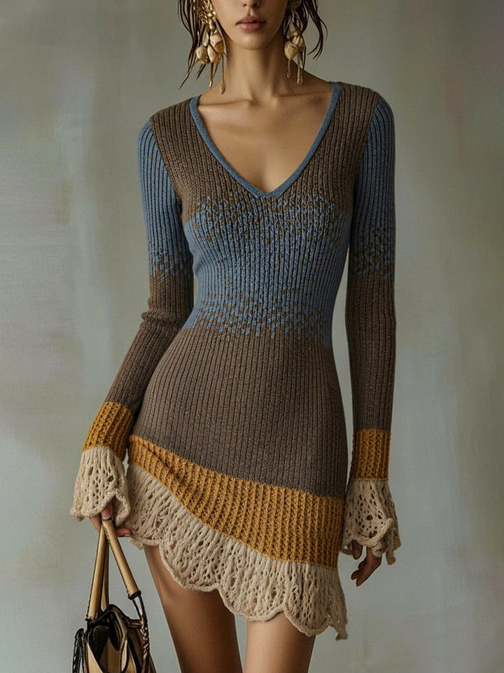 Ribbed Knit Lace Trim Mini Dress