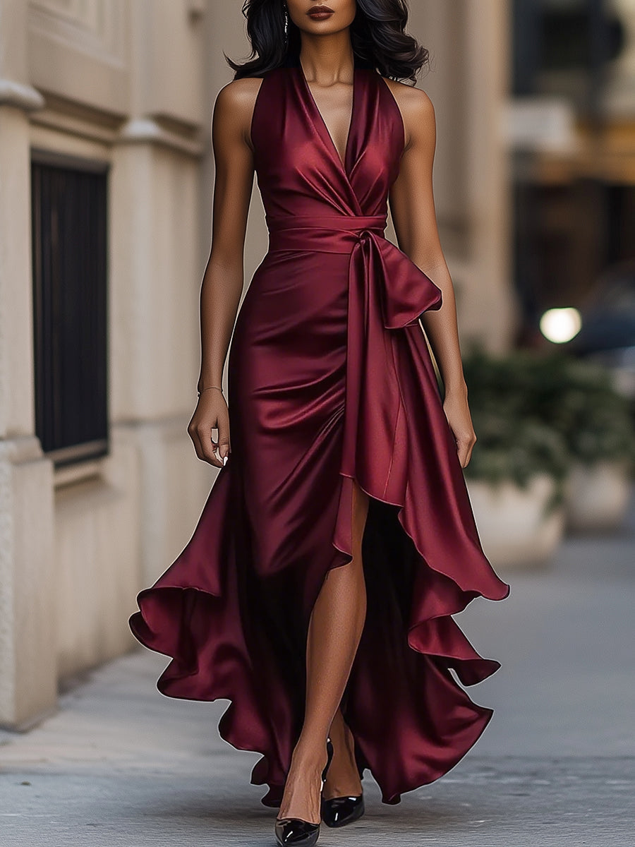 Cynthia | Satin Halter Ruffle Gown