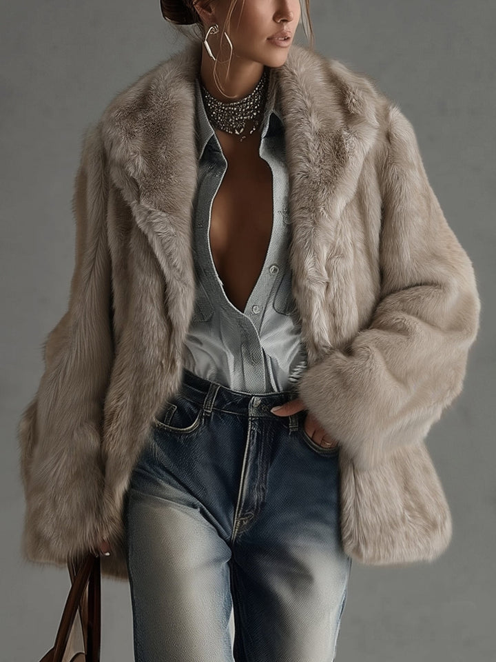 24-Hour-Shipping Soft Taupe Faux Fur Oversized Long Sleeve Coat