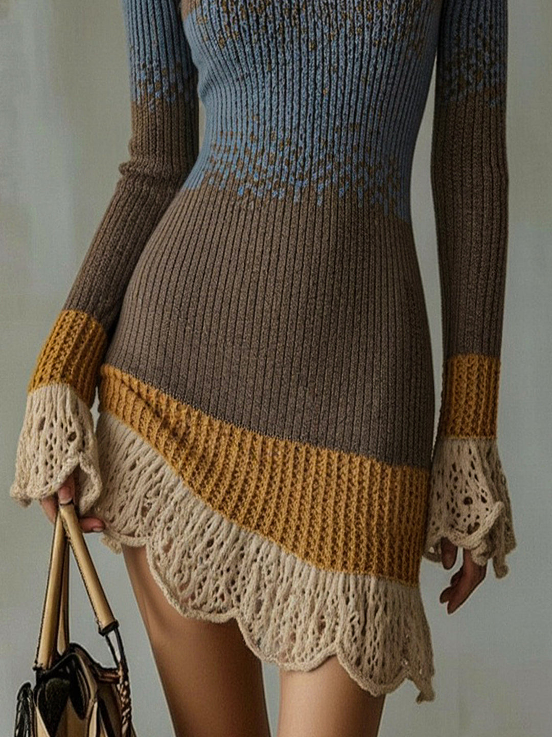 Ribbed Knit Lace Trim Mini Dress