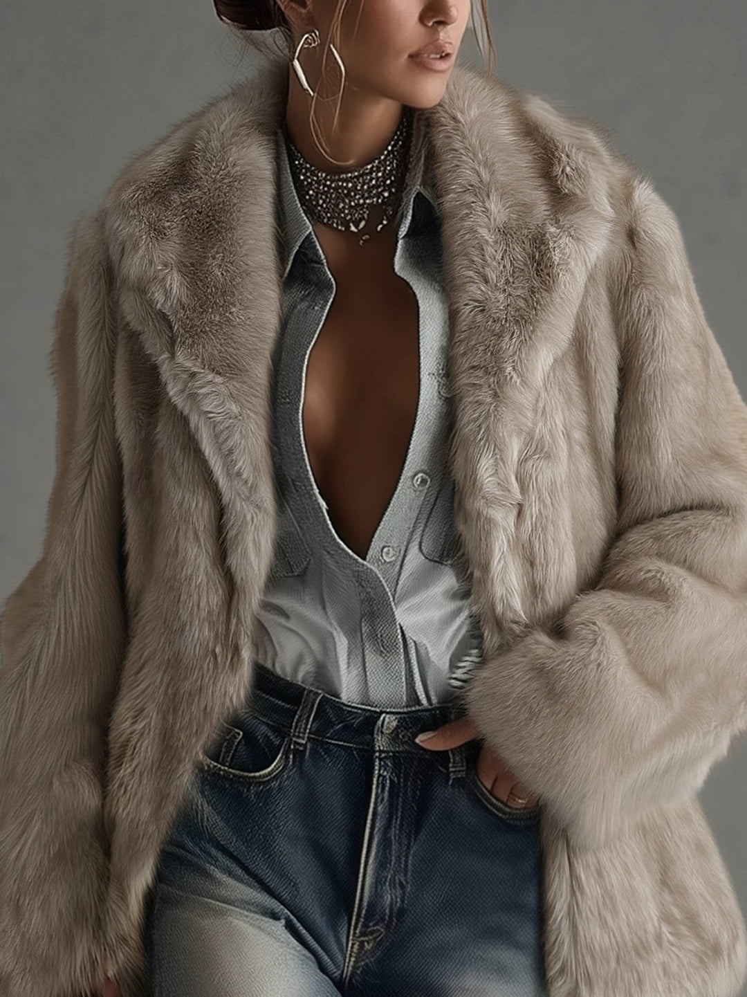 24-Hour-Shipping Soft Taupe Faux Fur Oversized Long Sleeve Coat