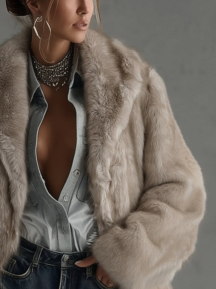 24-Hour-Shipping Soft Taupe Faux Fur Oversized Long Sleeve Coat
