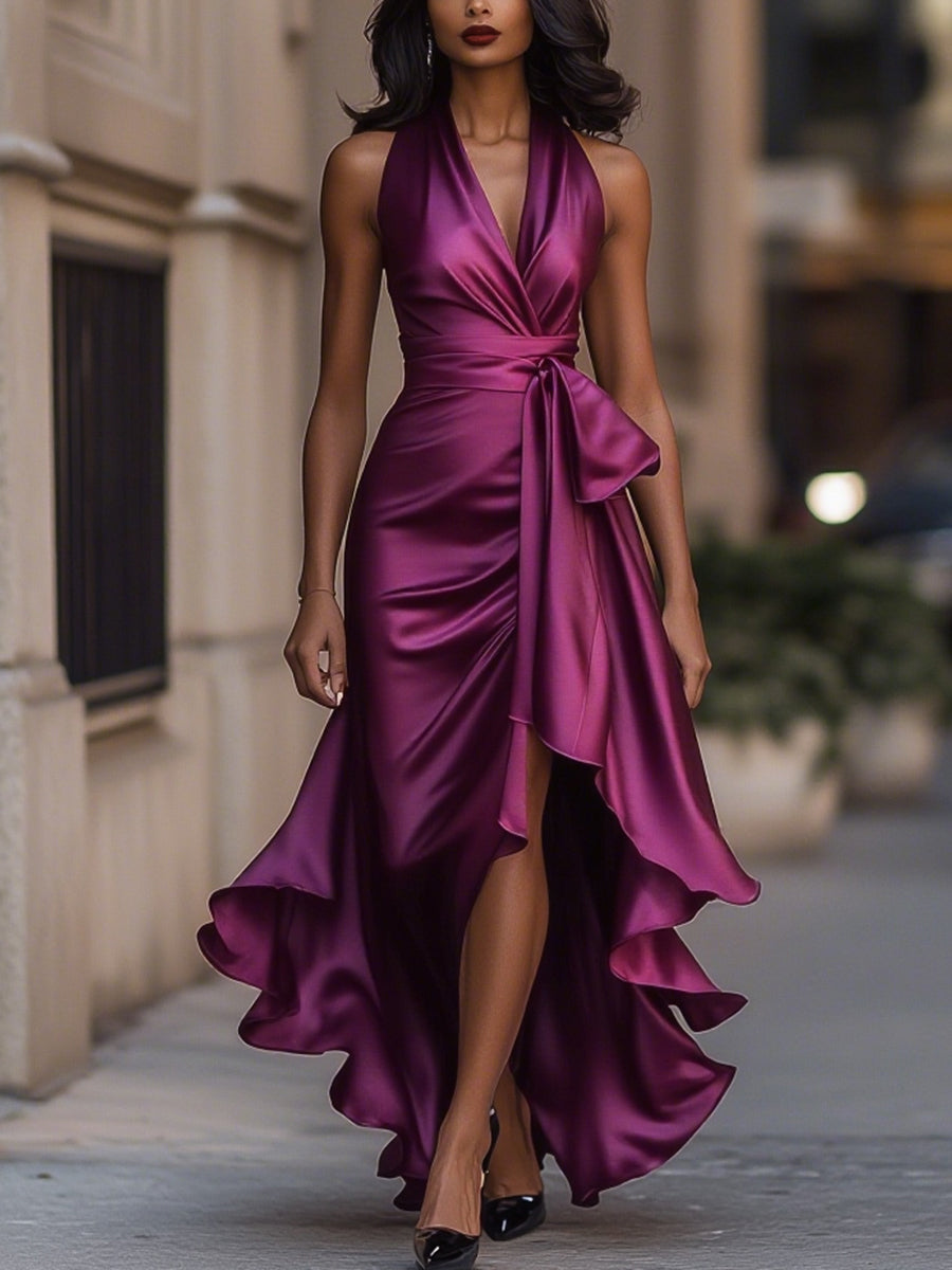 Cynthia | Satin Halter Ruffle Gown