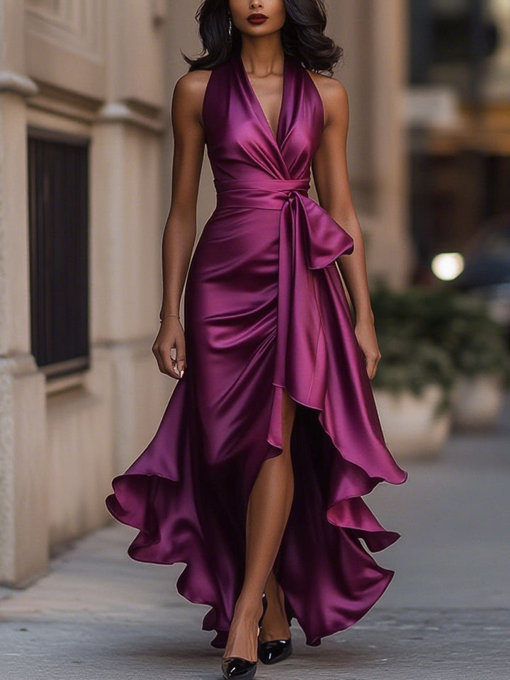 Cynthia | Satin Halter Ruffle Gown