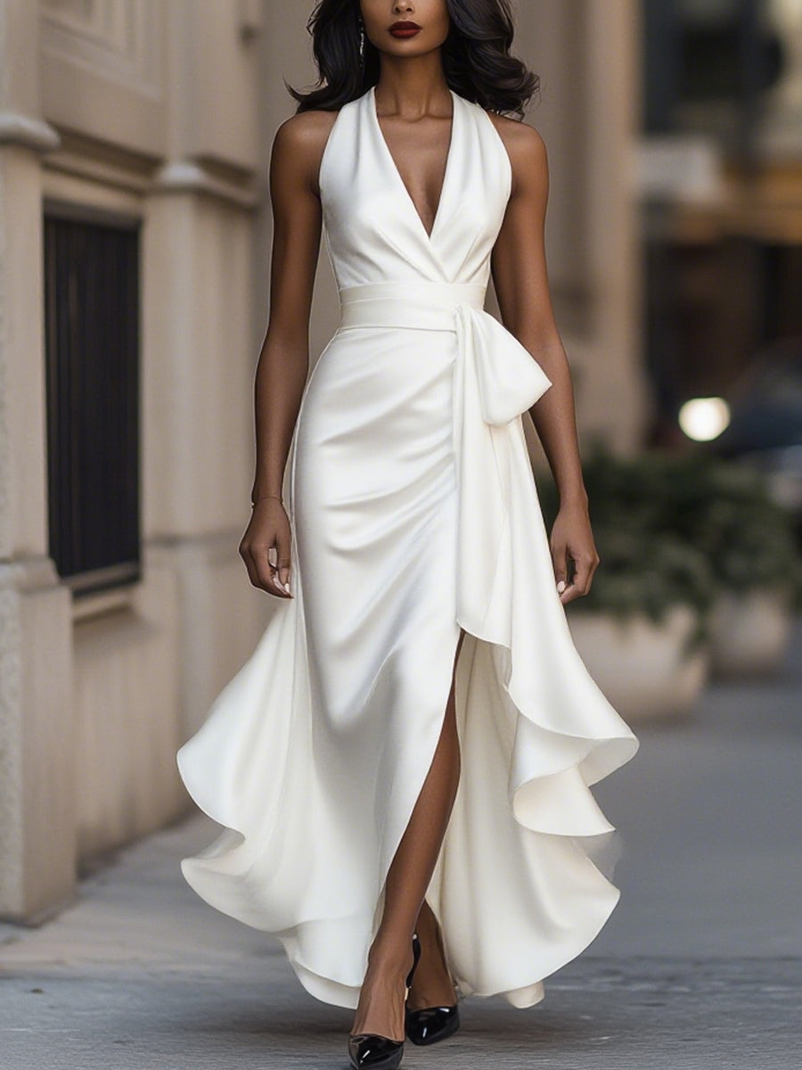 Cynthia | Satin Halter Ruffle Gown