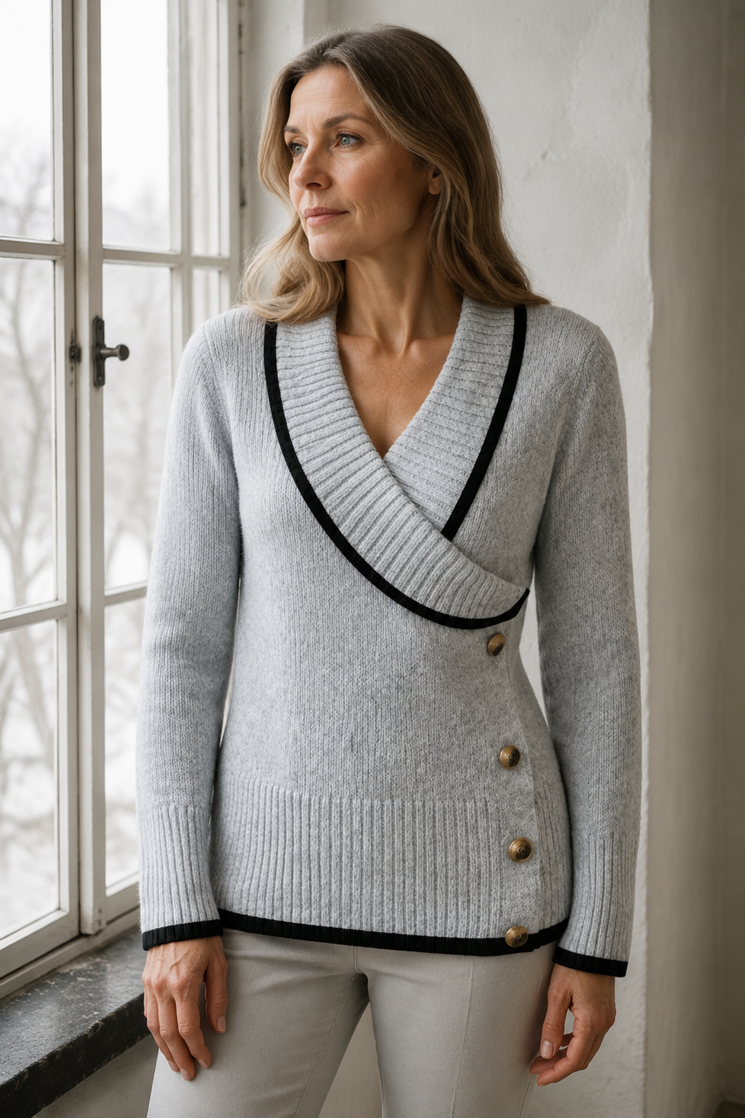 Marjorie | Colour Block V-Neck Sweater editorial product photograph
