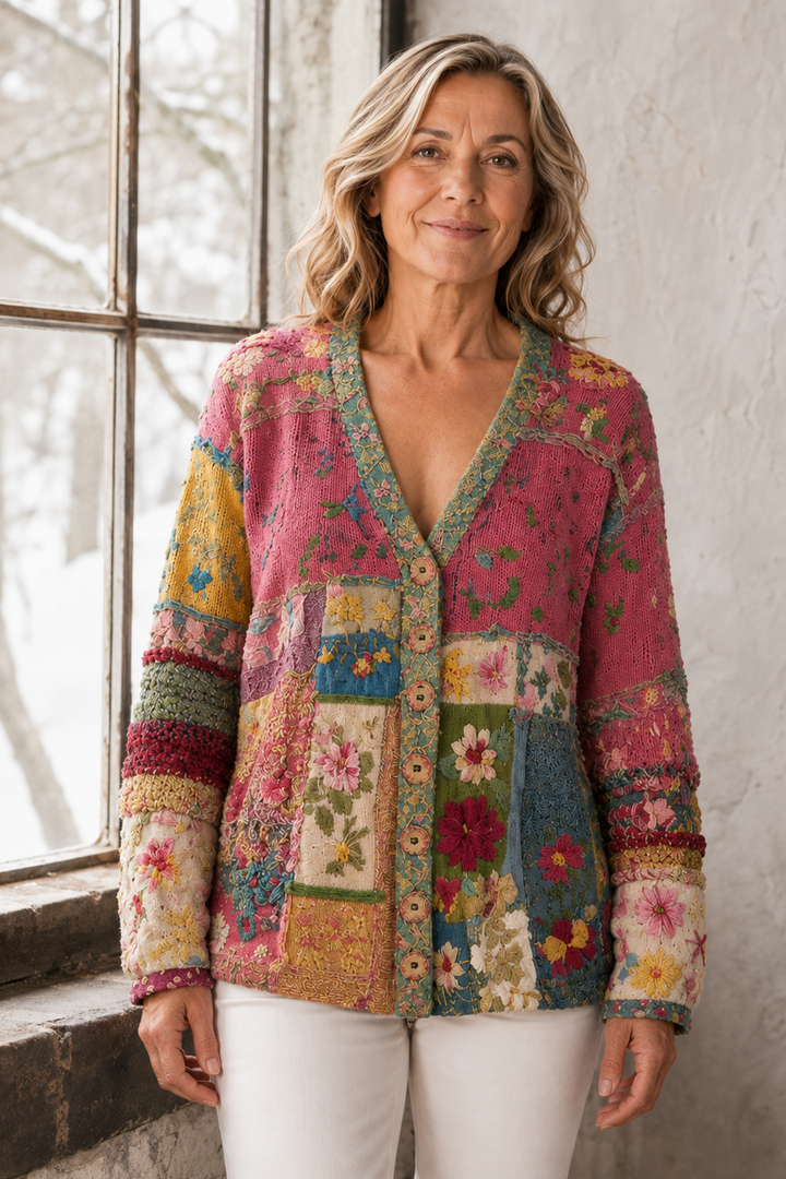 Marianne | Floral Embroidered Patchwork Cardigan editorial product photograph
