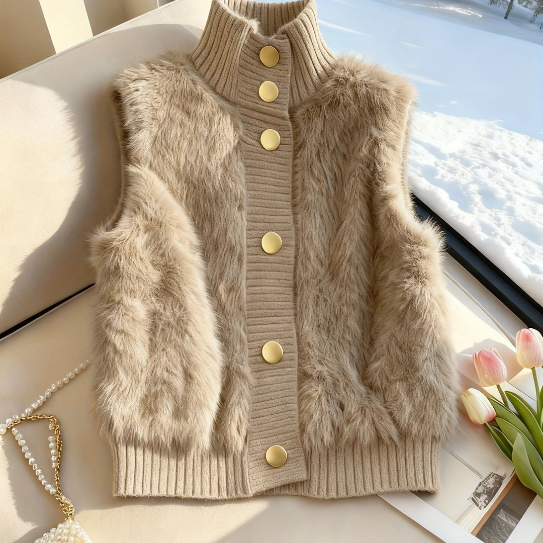 Staande kraag nepbont vest cardigan, little dress stijl open voorkant, modieuze elegante gelaagde shrug, herfst winter top