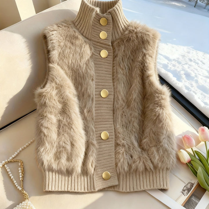 Staande kraag nepbont vest cardigan, little dress stijl open voorkant, modieuze elegante gelaagde shrug, herfst winter top