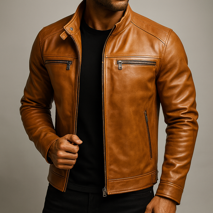 Natural Grain Leather Zip Jacket