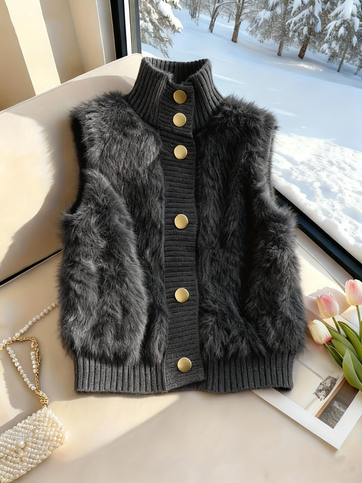 Staande kraag nepbont vest cardigan, little dress stijl open voorkant, modieuze elegante gelaagde shrug, herfst winter top