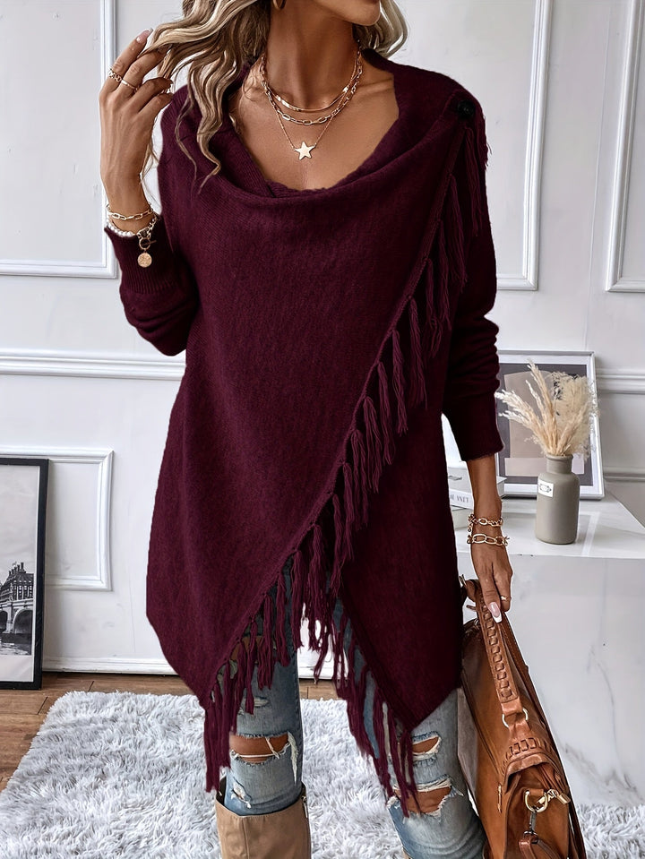 Norma | Draped Neck Fringe Trim Wrap Sweater
