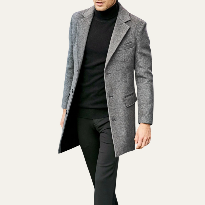 Wool Blend Notch Lapel Long Coat