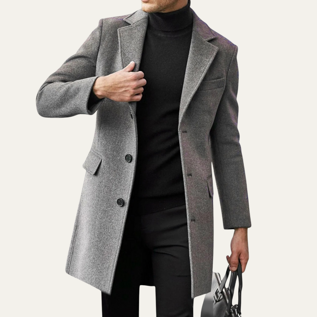Wool Blend Notch Lapel Long Coat