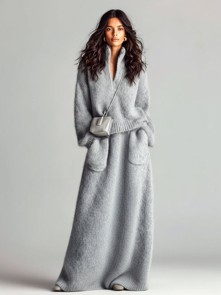 Sarah Chic Elegant Blue Stand Collar V Neck Long Sleeve Loose Sweater Patch Pocket Maxi Skirt Fuzzy Knit Two-Piece Set