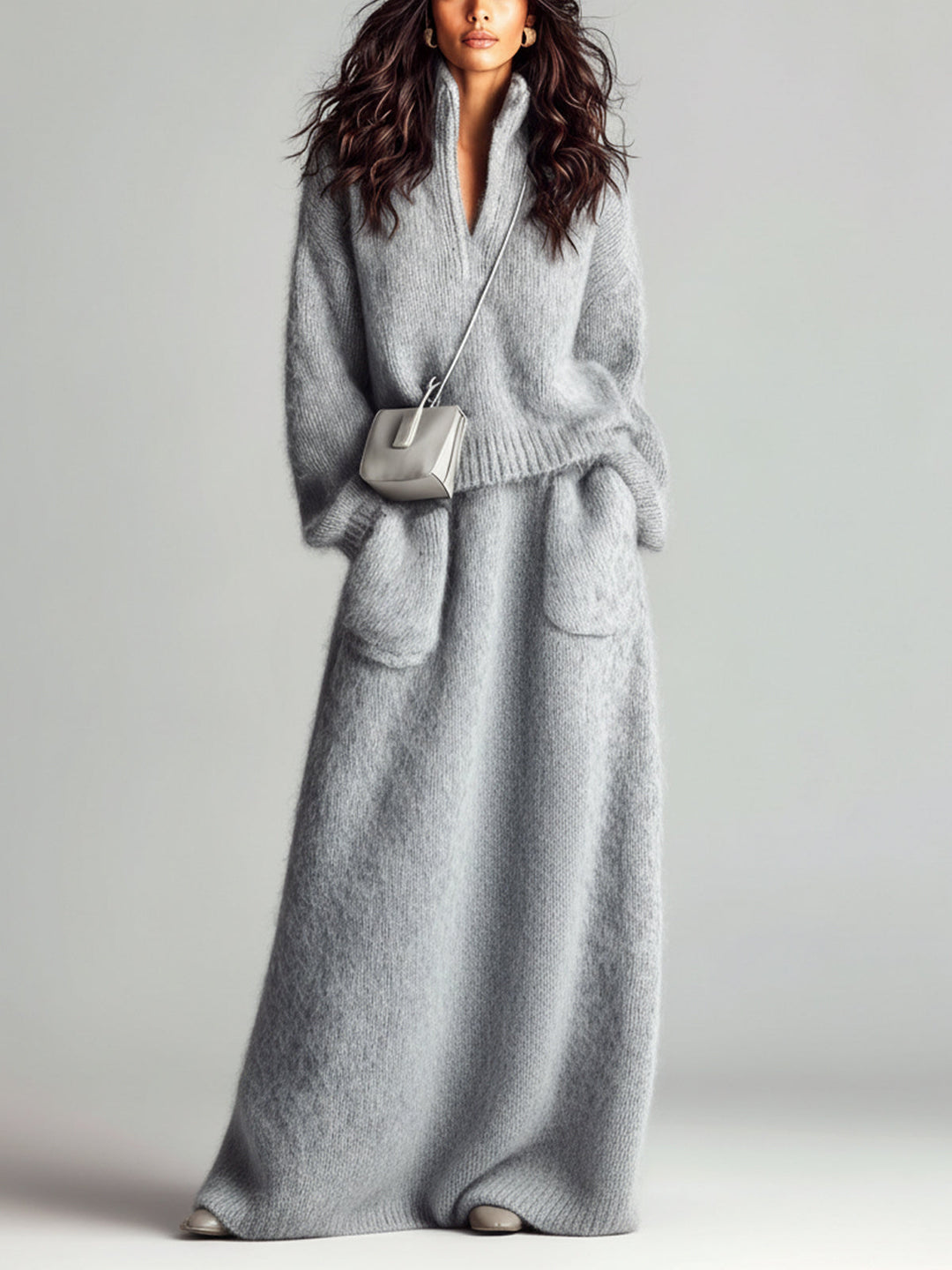 Sarah Chic Elegant Blue Stand Collar V Neck Long Sleeve Loose Sweater Patch Pocket Maxi Skirt Fuzzy Knit Two-Piece Set
