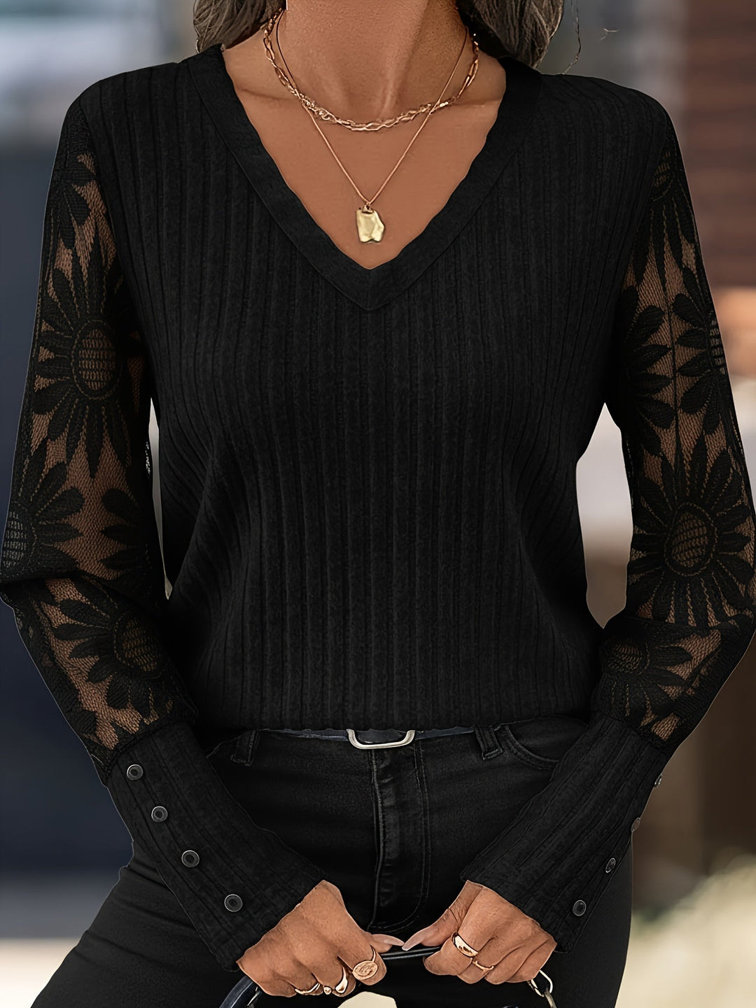 Phyllis | Mesh Panel Long Sleeve Knit Top