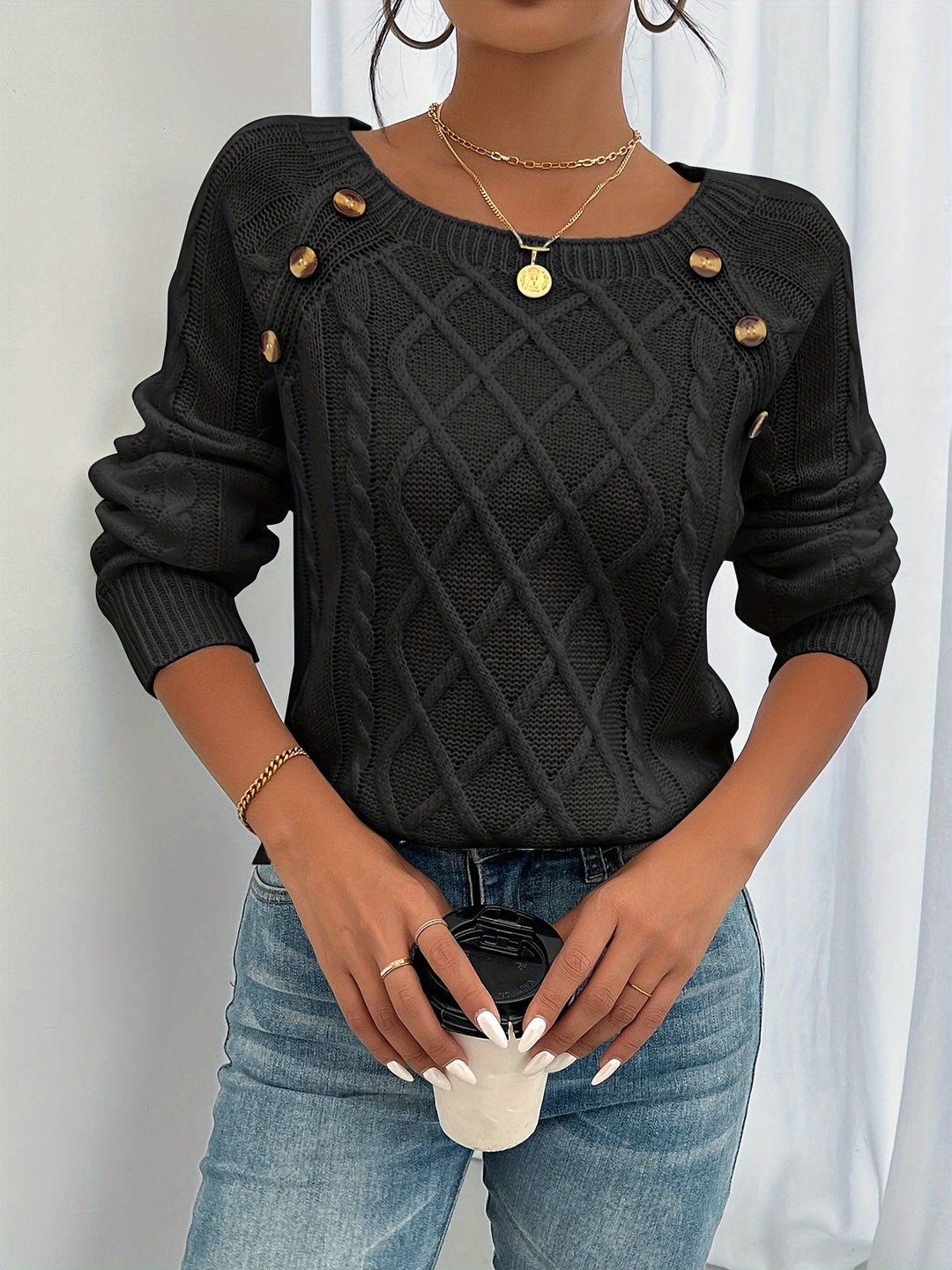 Madison | Square Neck Button Cable Knit Sweater