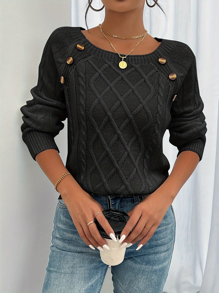Madison | Square Neck Button Cable Knit Sweater