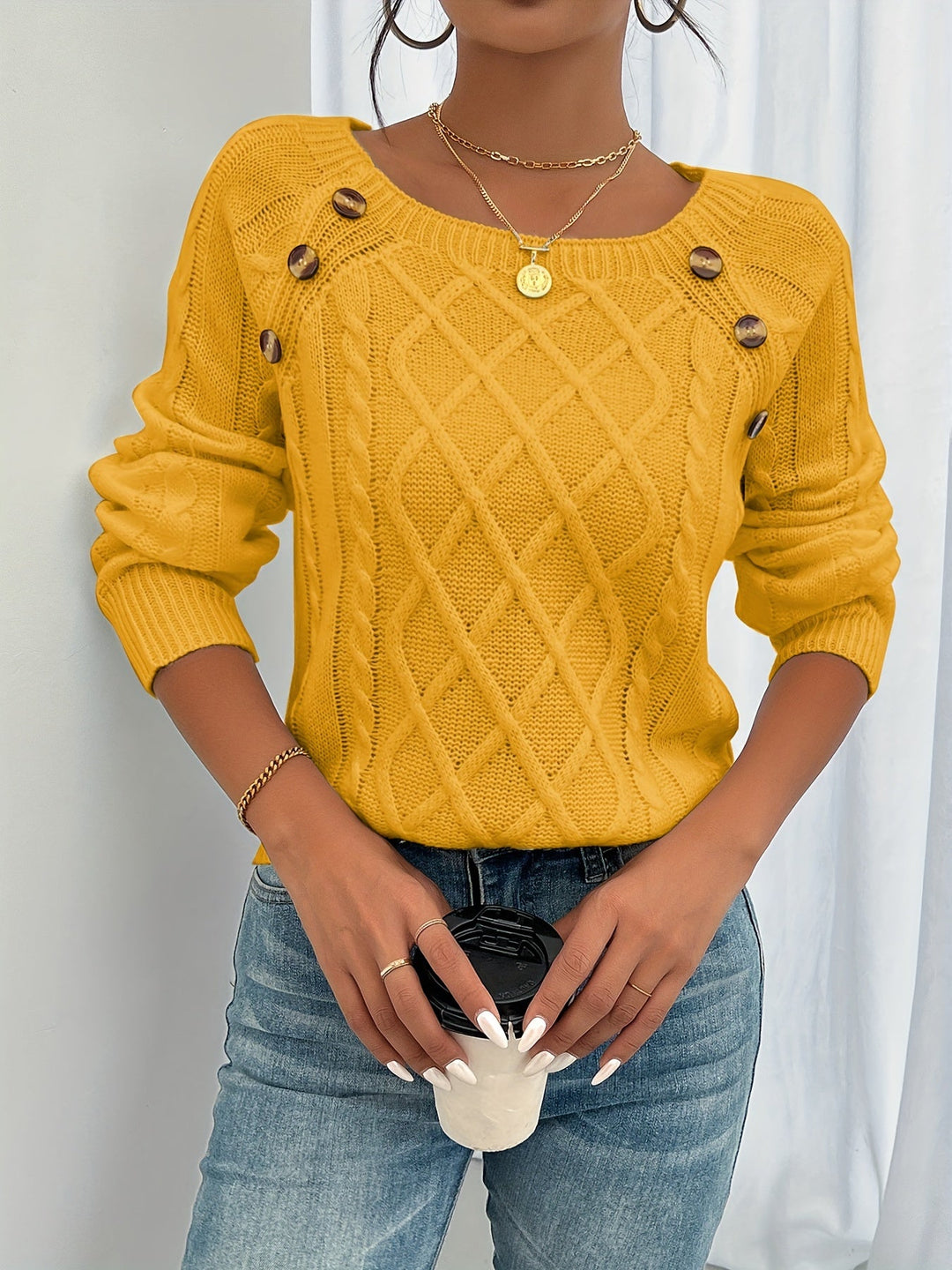 Madison | Square Neck Button Cable Knit Sweater