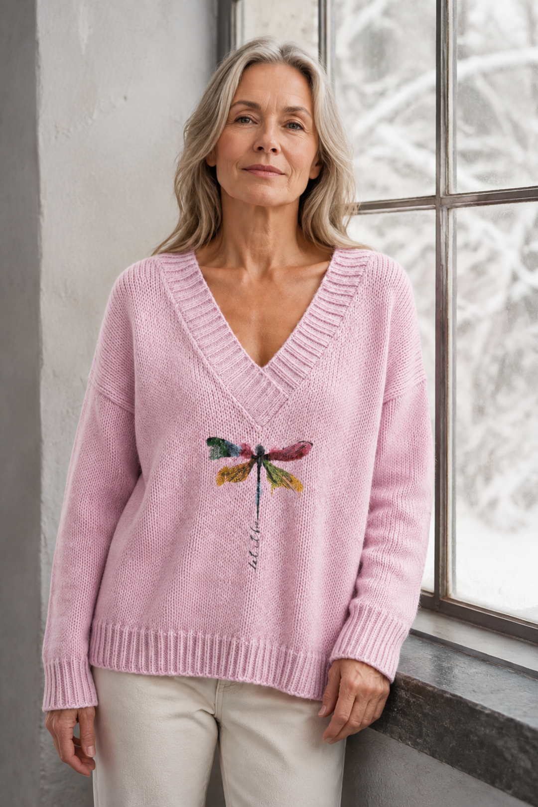 Brooklyn | Dragonfly Print V-Neck Sweater editorial product photograph