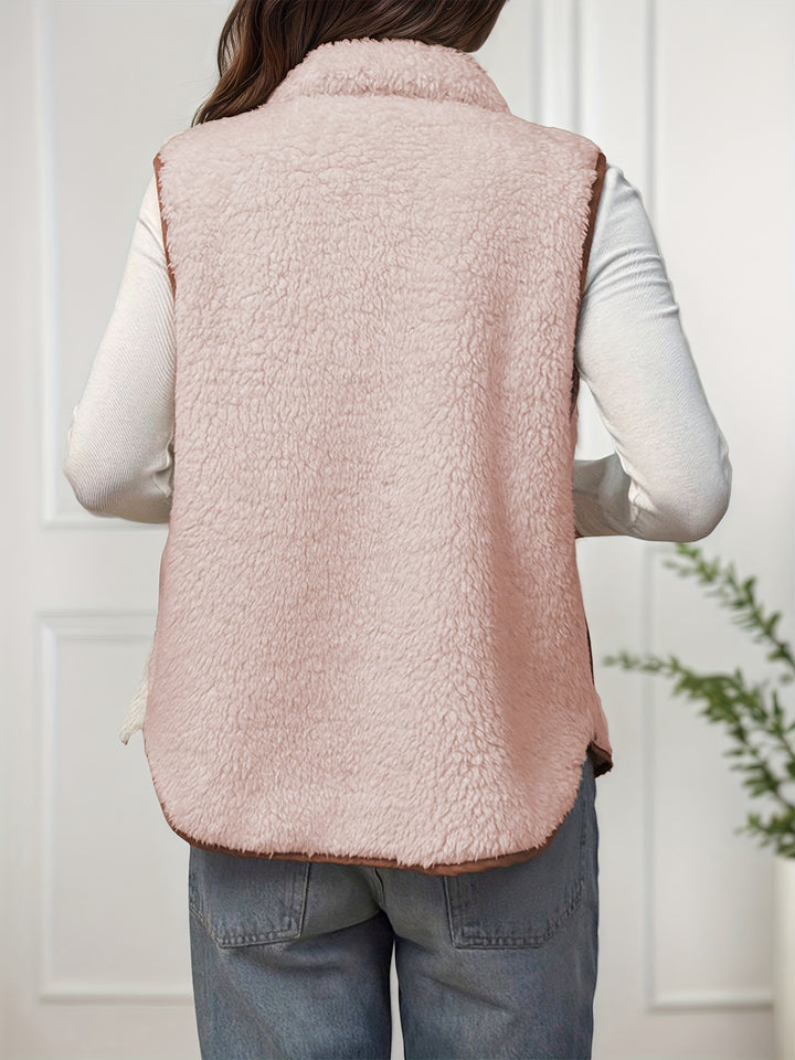 Dubbelzijdige Pluche Color-block Patchwork Opstaande Kraag Rits Vest