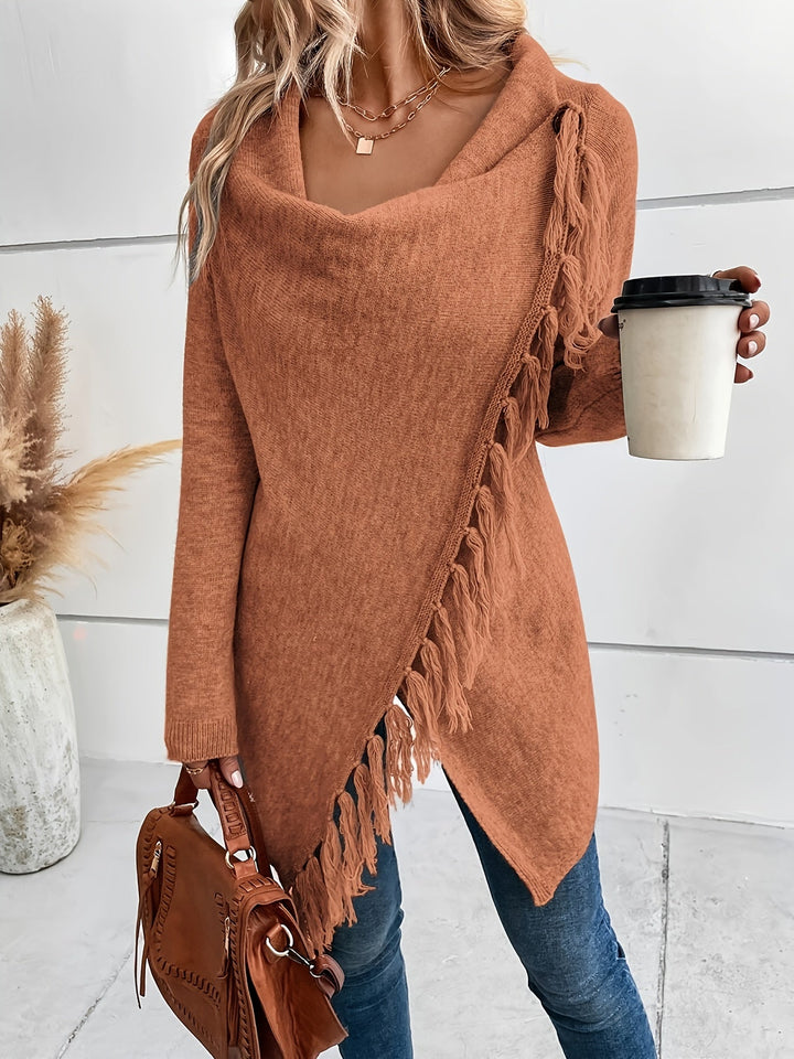 Norma | Draped Neck Fringe Trim Wrap Sweater
