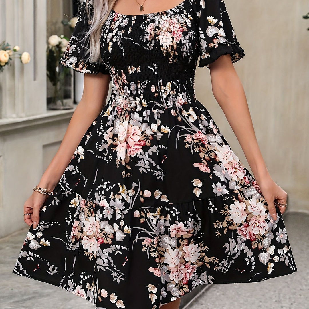 Denise | Floral Square Neck Ruffle Dress
