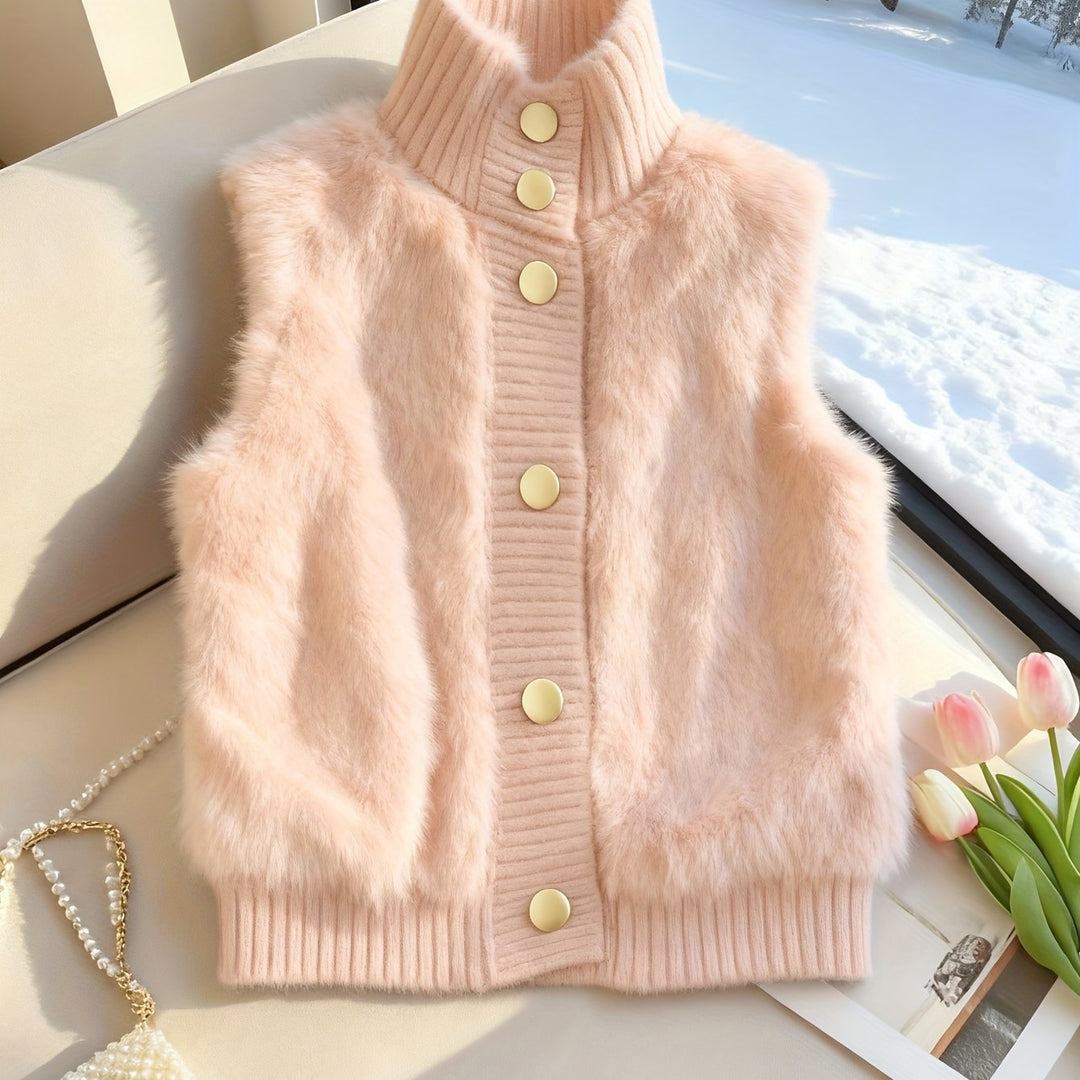 Staande kraag nepbont vest cardigan, little dress stijl open voorkant, modieuze elegante gelaagde shrug, herfst winter top