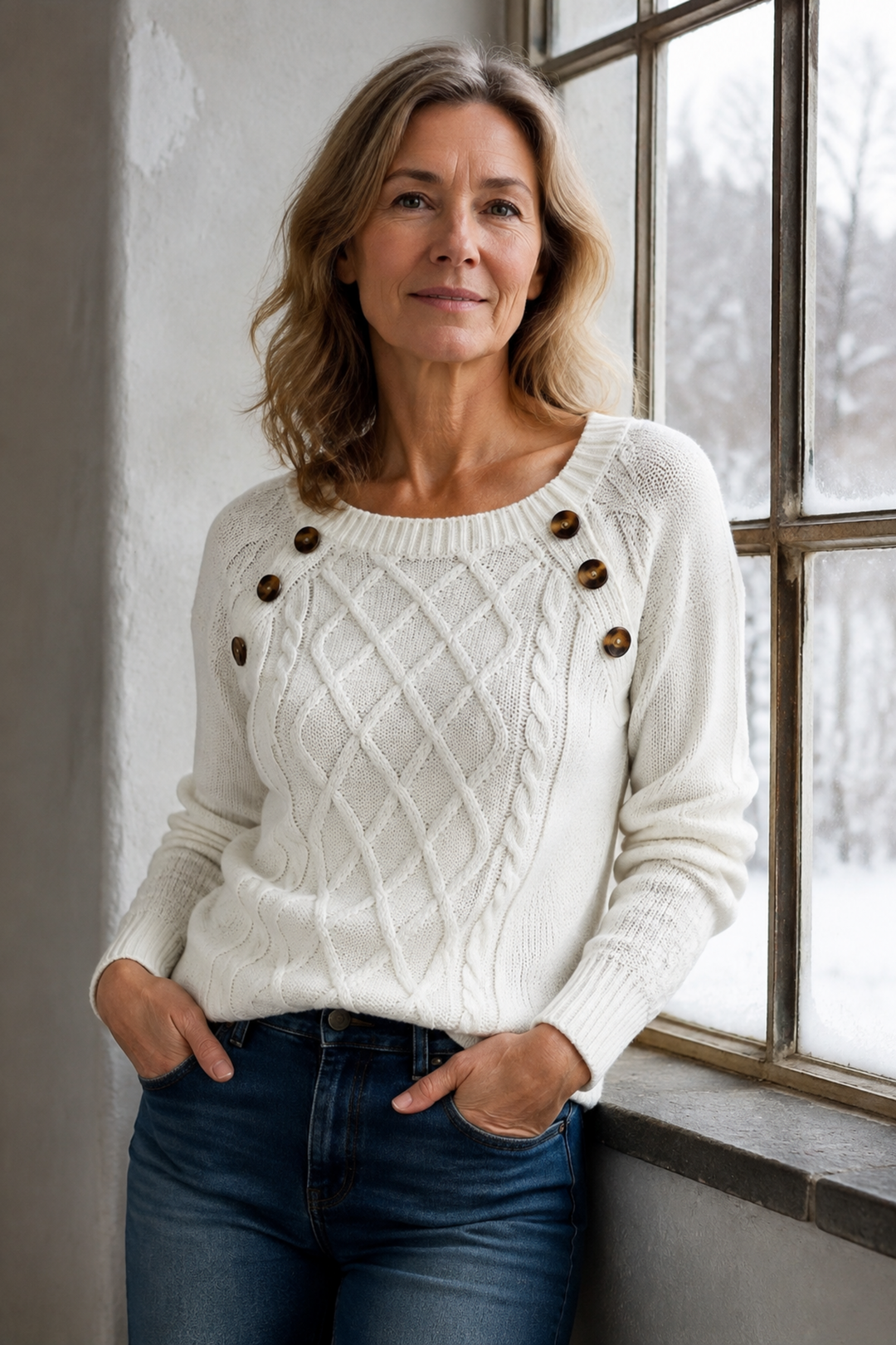 Madison | Square Neck Button Cable Knit Sweater editorial product photograph