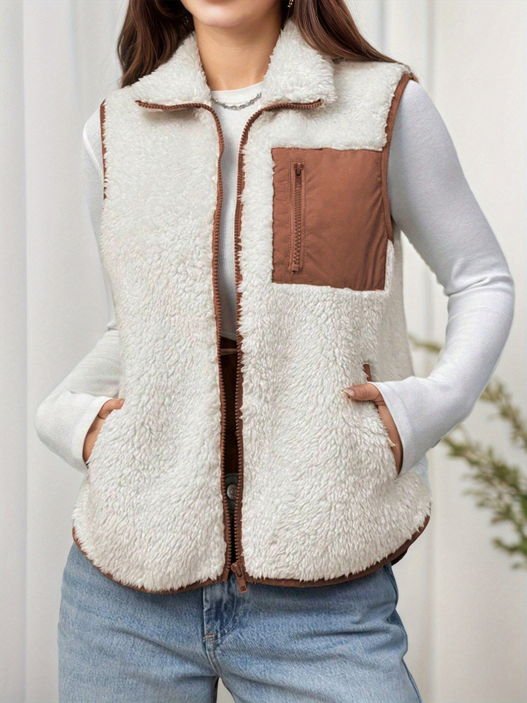 Dubbelzijdige Pluche Color-block Patchwork Opstaande Kraag Rits Vest