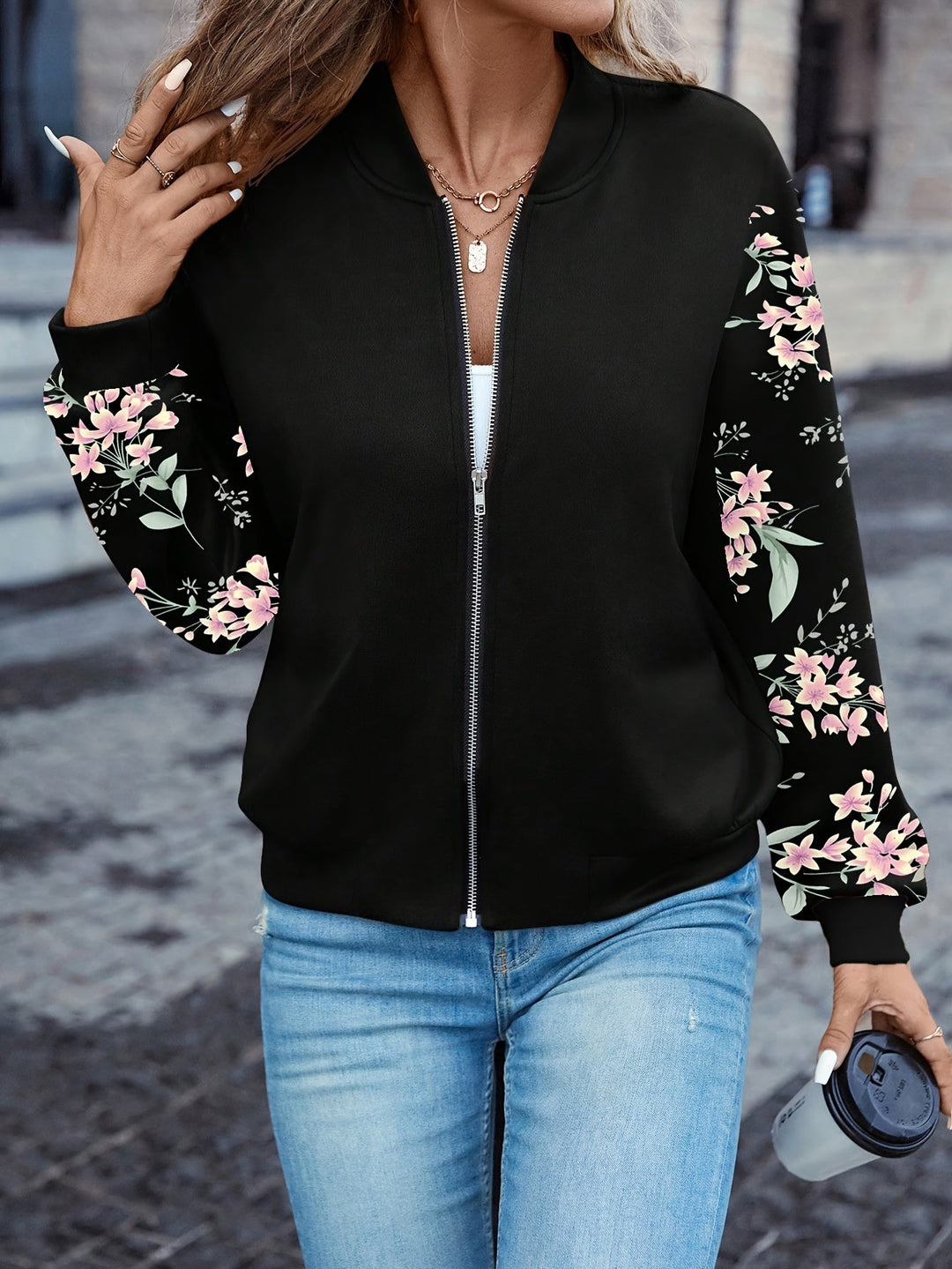 Lucille | Floral Print Zip-Up Bomber Jacket