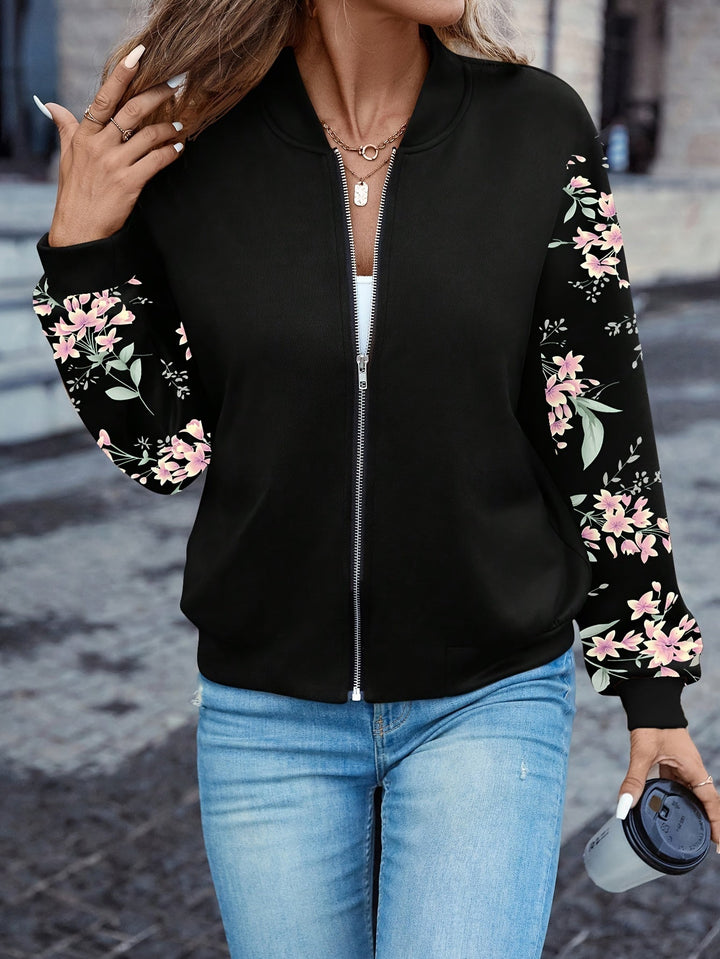 Lucille | Floral Print Zip-Up Bomber Jacket
