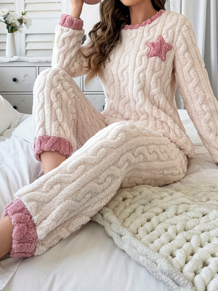 Damessterpatroon jacquard fleece dikke casual pyjamaset, top en broek met ronde hals en lange mouwen, comfortabele, ontspannen pasvorm voor herfst en winter