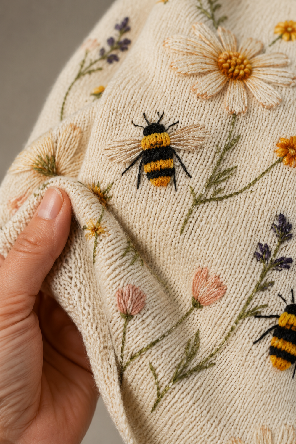 Cheyenne | Bee Print Crew Neck Sweater fabric texture close-up