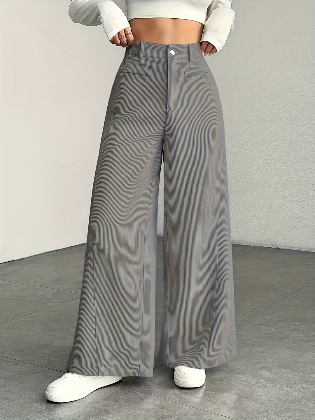 Hoge taille wijde pijp broek voor dames - corduroy textuur casual broek, comfort voor alle seizoenen, machinewasbaar