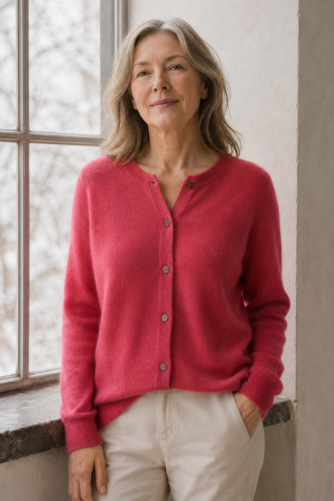 Trudy | Merino Wool Cashmere Cardigan editorial product photograph