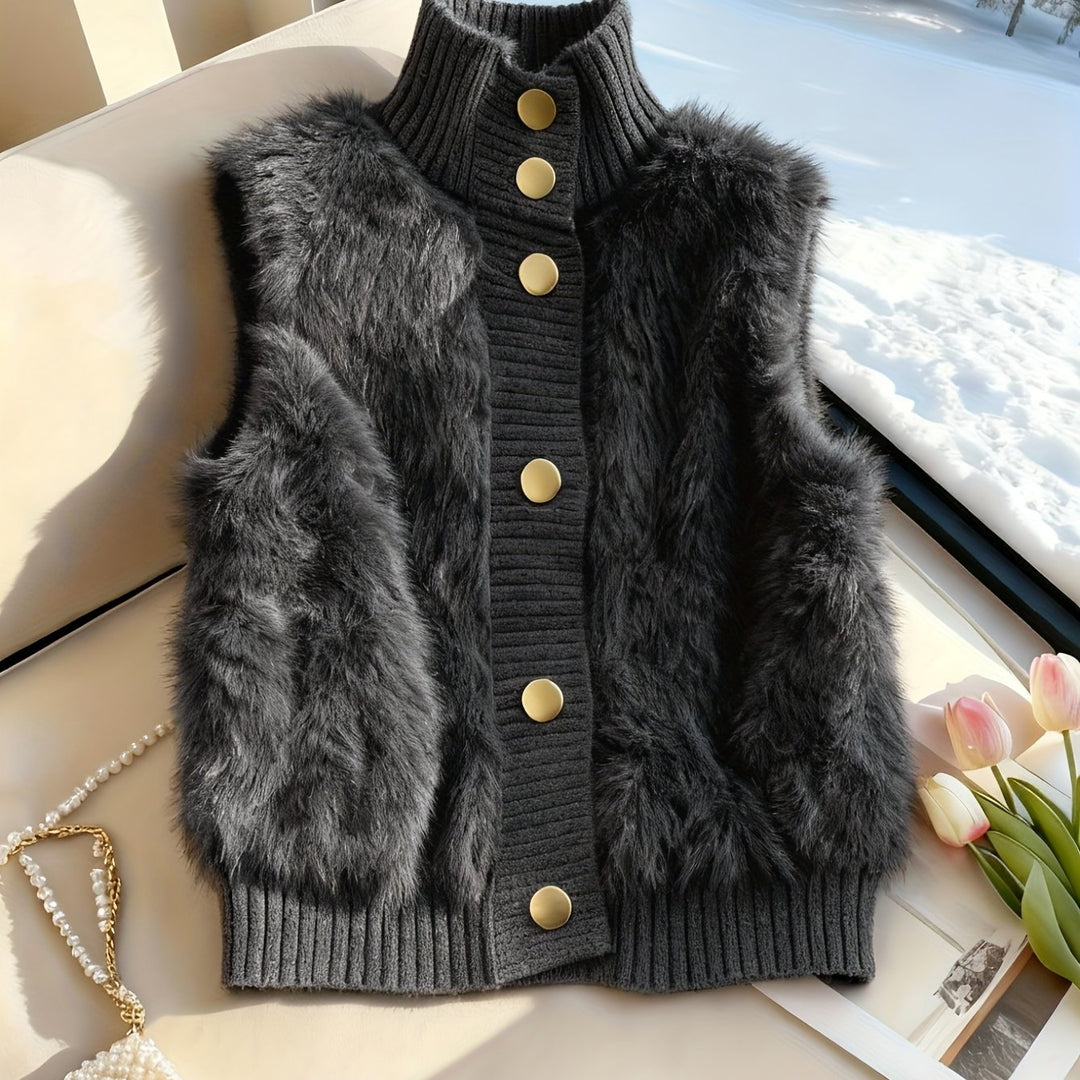 Staande kraag nepbont vest cardigan, little dress stijl open voorkant, modieuze elegante gelaagde shrug, herfst winter top
