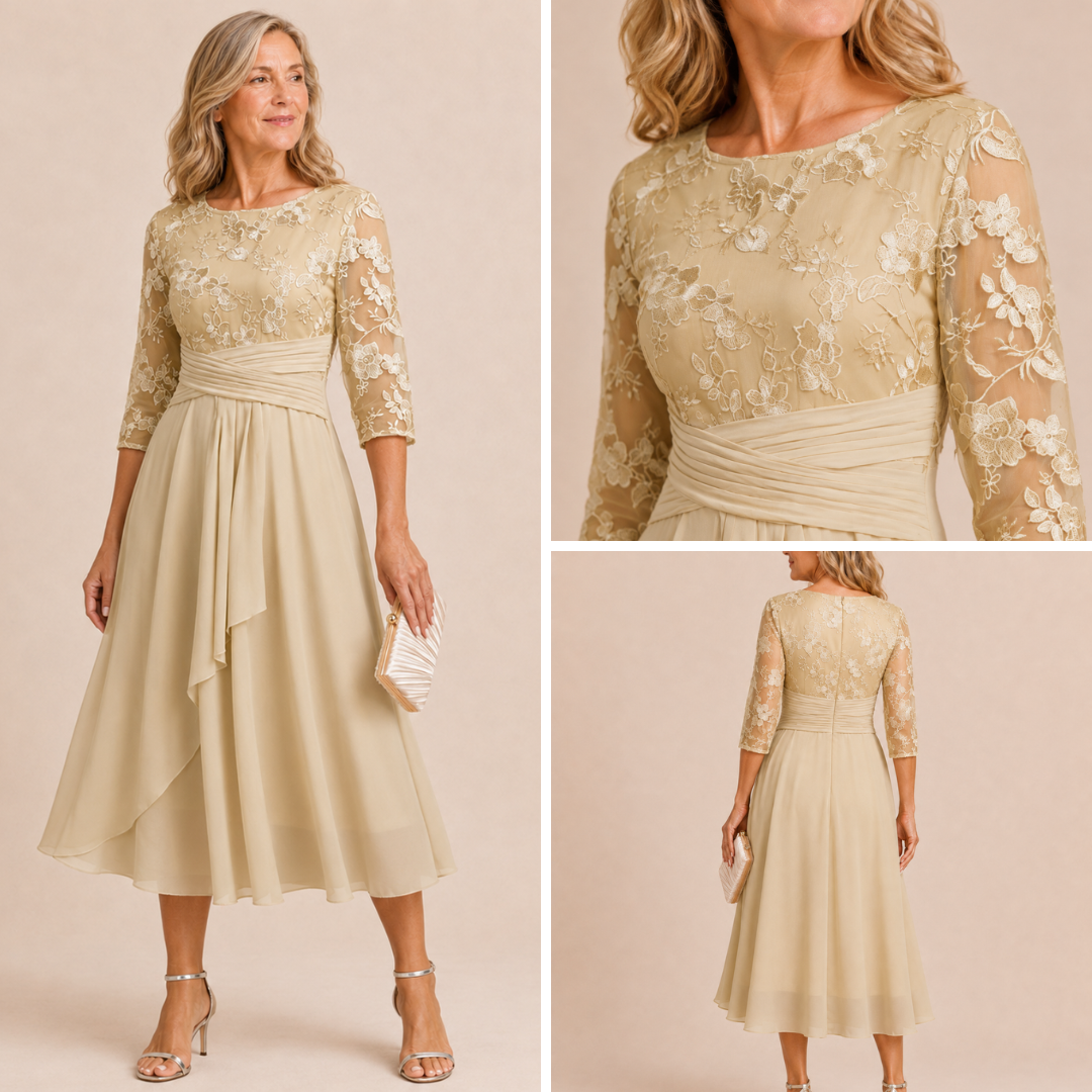 Karla | Champagne Floral 3/4 Sleeve Round Neck Dress