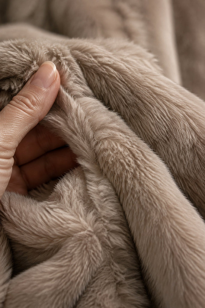 24-Hour-Shipping Soft Taupe Faux Fur Oversized Long Sleeve Coat fabric texture close-up