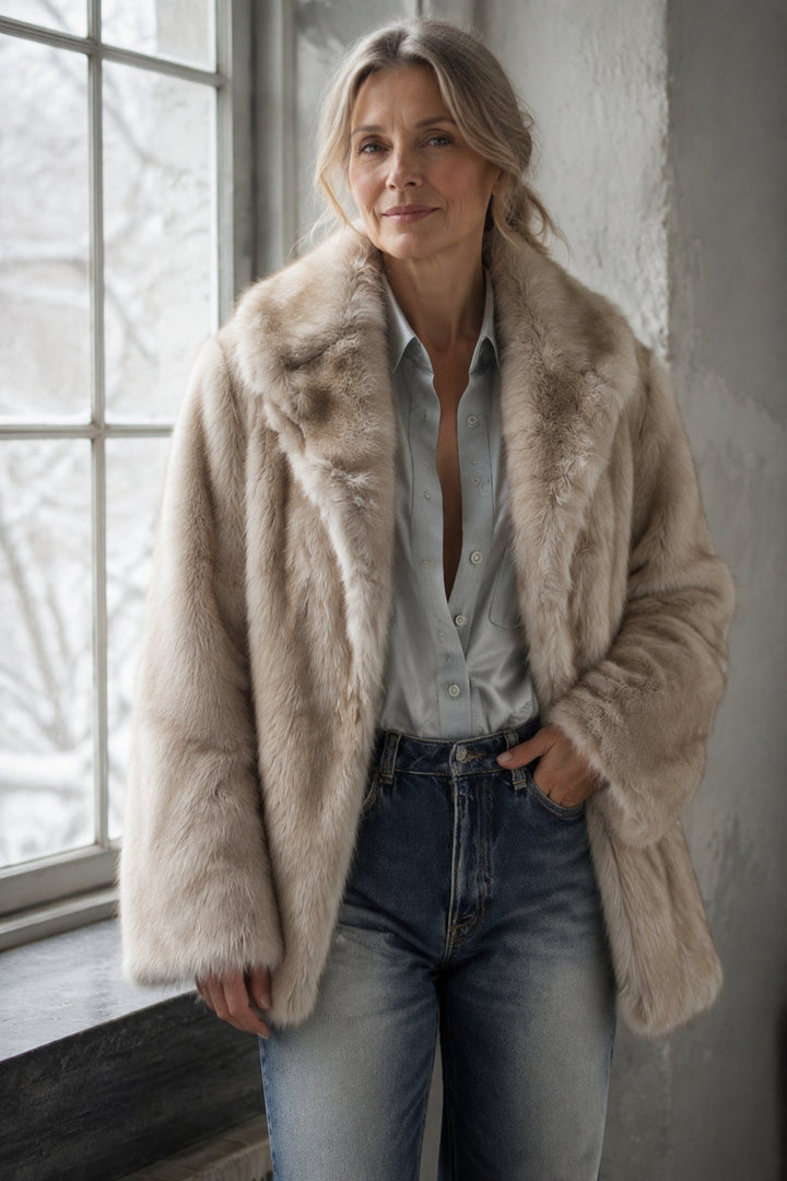 24-Hour-Shipping Soft Taupe Faux Fur Oversized Long Sleeve Coat editorial product photograph
